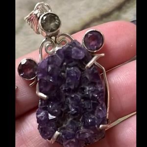 New Sterling Silver Large Purple Amethyst Druzy Pendant Green Accent Crystal Gem